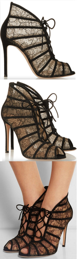 Black Suede-Trimmed Chantilly Lace Boots