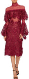 Sheer Yoke Guipure Lace Dress, Burgundy Red