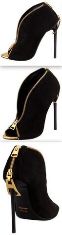 Zipper-Heel Suede Zip-Front Bootie