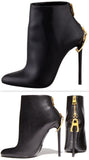 Black Zipper-Heel Leather Ankle Boot