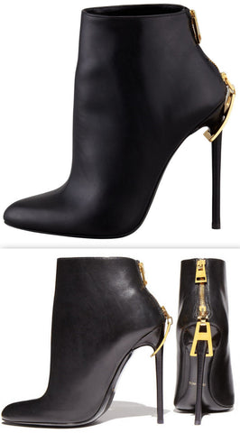 Black Zipper-Heel Leather Ankle Boot