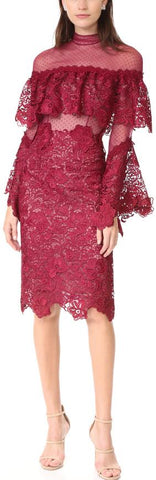 Sheer Yoke Guipure Lace Dress, Burgundy Red