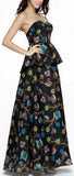 Black Printed Strapless Peplum Gown