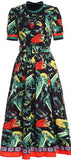 Short-Sleeve Vegetable Print Midi Dress, Black