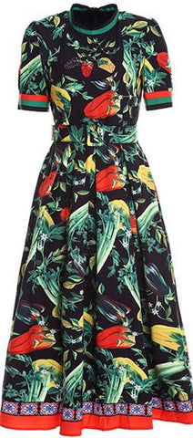 Short-Sleeve Vegetable Print Midi Dress, Black
