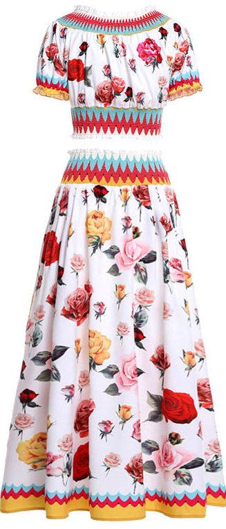 Rose Print Crop Top and Maxi Skirt - White or Black
