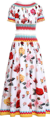 Rose Print Crop Top and Maxi Skirt - White or Black