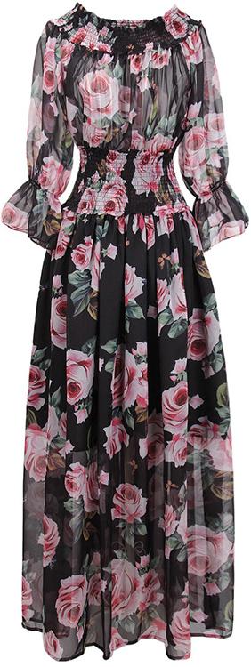 Rose-Printed Chiffon Gown