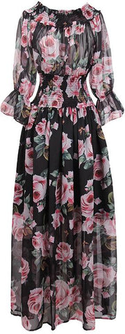 Rose-Printed Chiffon Gown