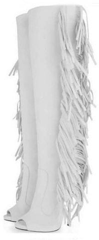Fringed Open Toe Boots in White
