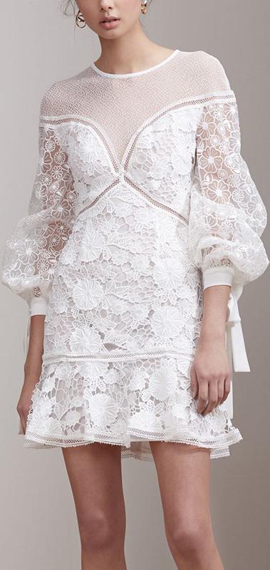 Lace Macrame Bell-Sleeve White Mini Dress