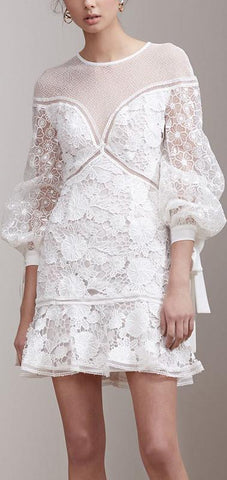 Lace Macrame Bell-Sleeve White Mini Dress