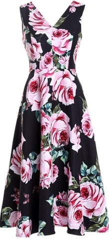 Roses-Printed V-Neck Midi Dress