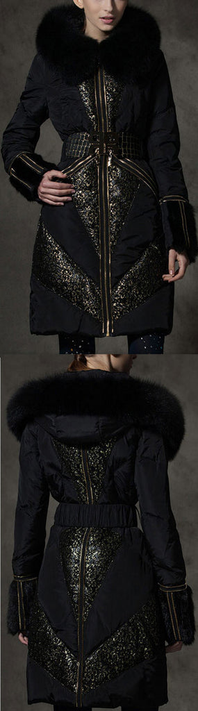 Belted Metallic-Lace-Paneled Puffer Coat with Fox Fur Trim
