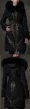 Belted Metallic-Lace-Paneled Puffer Coat with Fox Fur Trim