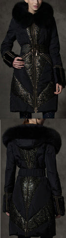 Belted Metallic-Lace-Paneled Puffer Coat with Fox Fur Trim