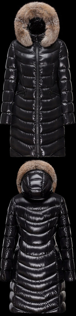 Black Paneled Puffer Coat with Fur Hood