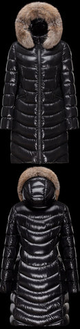 Black Paneled Puffer Coat with Fur Hood