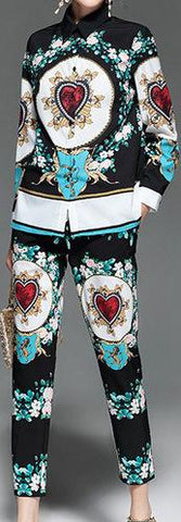Heart & Floral Print Shirt & Pants Set